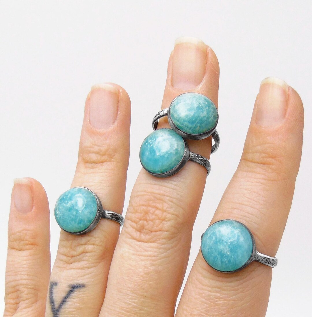 Amazonite Ring in Sterling Silver - Hammered and Oxidized Patina Band ...