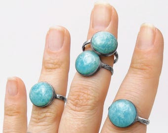 Amazonite Ring in Sterling Silver - Hammered and Oxidized Patina Band - Amazonite Jewelry