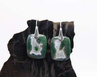 Moss Agate Geode Earrings in Sterling Silver - Dangle Earrings - Drop Earrings