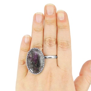Ruby Fall Ring in Sterling Silver - Large Stone Ring - US Size 8 - Purple Ruby in Granite Matrix Statement Ring