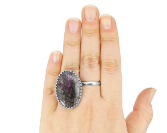 Ruby Fall Ring in Sterling Silver - Large Stone Ring - US Size 8 - Purple Ruby in Granite Matrix Statement Ring