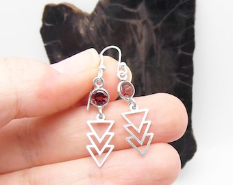 Garnet Earrings in Sterling Silver - Modern Geometric Gemstone Jewelry - January Birthstone - Dangle Earrings