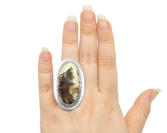 Lemon Chrysoprase Ring in Sterling Silver - US Size 7 1/2 - Heavy Handmade Giant Stone Jewelry - Lime Green Chrysoprase - Large Stone Ring