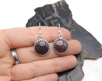 Dinosaur Bone Earrings in Sterling Silver - Fossil Jewelry - Purple Dino Bone Dangle Earrings