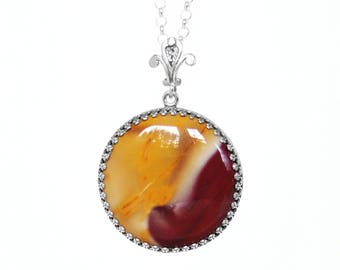 Mookaite Necklace - Sterling Silver Red and Yellow Mookaite Pendant with Chain