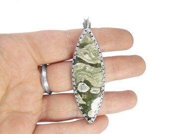 Green Peanut Jasper Necklace in Sterling Silver - Large Jewelry - Handmade Pendant with Chain