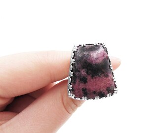 Rhodonite Ring in Sterling Silver - Large Black and Pink Rhodonite Ring US Size 8.5 - 8 1/2 - Large Stone Ring - Chunky Handmade Ring