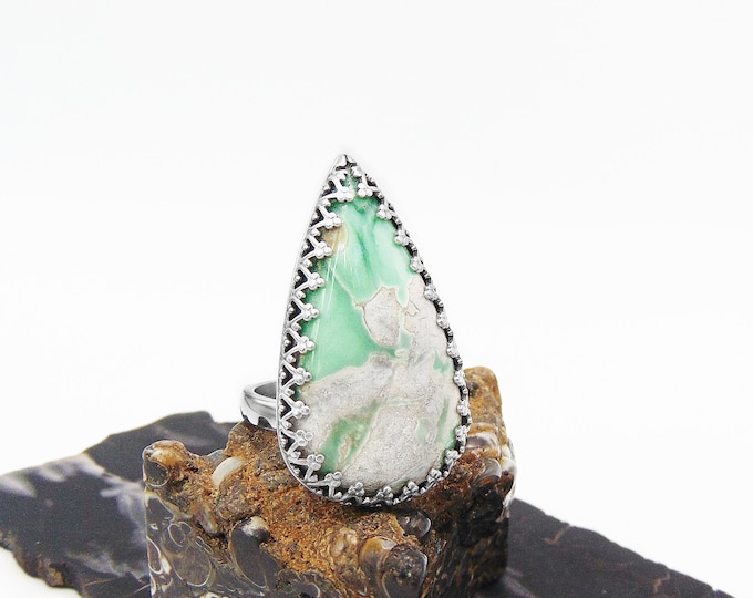 Featured listing image: Variscite Ring in Sterling Silver - US Size 8 - Adjustable - Handmade Natural Large Mint Green Variscite - Large Stone Ring