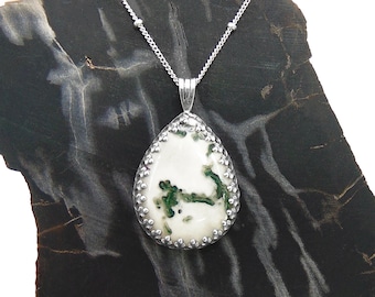 Tree Agate Necklace in Sterling Silver - Little Handmade Pendant with Chain