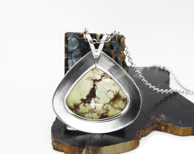 Featured listing image: Lemon Chrysoprase Necklace in Sterling Silver - Large Jewelry - Heavy Handmade Pendant - Lime Green Chrysoprase