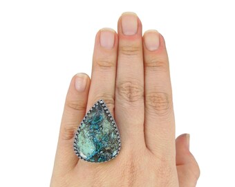 Chrysocolla Ring in Sterling Silver - Adjustable - Large Chrysocolla Stone Jewelry - Large Stone Ring