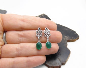 St Patrick's Day Earrings - Green Onyx and Celtic Knot Stud Earrings in Sterling Silver