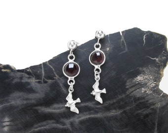 Garnet Earrings in Sterling Silver - Tiny Bird - Stud Earrings - January Birthstone - Dangle Earrings