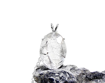 Black Rutilated Quartz Necklace in Sterling Silver - Rutilated Quartz Pendant - Modern Jewelry
