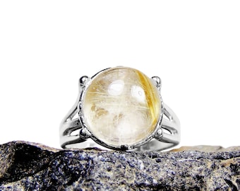 Golden Rutilated Quartz Ring in Sterling Silver - Large Gemstone Cocktail Ring - US Size 7
