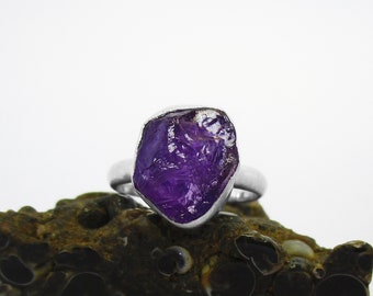 Raw Amethyst Ring in Sterling Silver - Satin Finish - Rough Purple Amethyst Jewelry