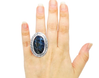 Pietersite Ring in Sterling Silver - Huge Blue Pietersite Jewelry - Something Blue