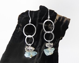 Herkimer Diamond and Raw Aquamarine Earrings in Sterling Silver - Raw Rough Herkimer Aqua - Dangle Earrings - Handmade