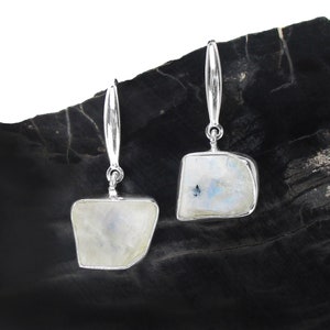 Raw Rainbow Moonstone Earrings in Sterling Silver - June Birthstone - Rough Stone Jewelry