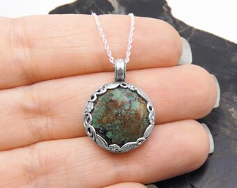 Little Handmade Turquoise Necklace in SOLID Sterling Silver - New Mexico Turquoise Pendant with Chain
