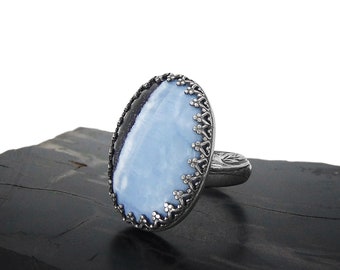 Owyhee Blue Opal Ring in Sterling Silver - Large Stone Ring - Adjustable - Banded Opal From Owyhee Oregon