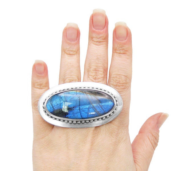 Huge Labradorite Two Finger Ring in Sterling Silver - Adjustable Double Finger Ring - Blue Flash - LEFT HAND FIT - Large Stone Ring