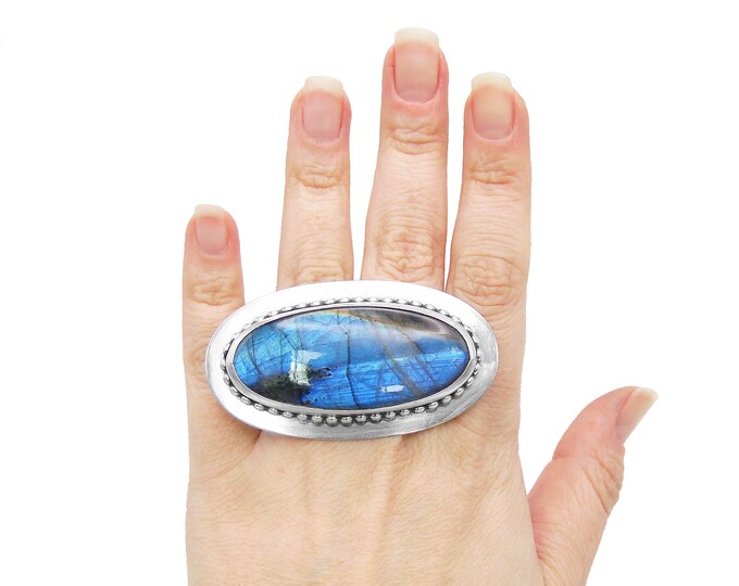 Featured listing image: Huge Labradorite Two Finger Ring in Sterling Silver - Adjustable Double Finger Ring - Blue Flash - LEFT HAND FIT - Large Stone Ring