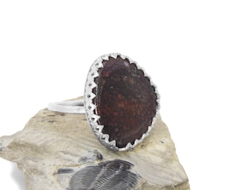 Dinosaurusbotring in sterlingzilver - fossiele sieraden - rode dinobot - verstelbare handgemaakte ring - Amerikaanse maat 9