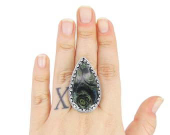 Kambaba Jasper Ring in Sterling Silver - Adjustable - Large Green Stromatolite Fossil - Large Stone Ring