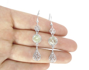 Natural Green Amethyst Earrings In Sterling Silver - Filigree Dangle Earrings - Wedding Earrings