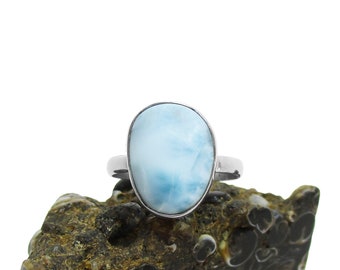 Larimar Ring Sterling Silver - Natural Sky Larimar Stone Ring in US Size 7 - Rare Gemstone