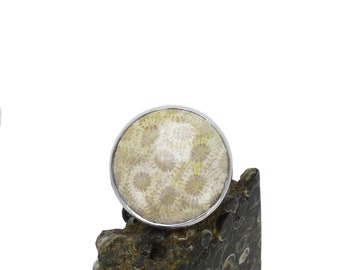 SALE - Fossil Coral Ring in Sterling Silver - Fossil Jewelry - Large Stone Ring