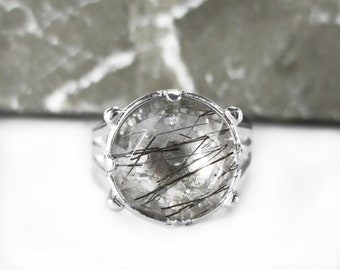 Anillo de cuarzo rutilado negro en plata de ley - Talla 6 de EE. UU. - Talla 7