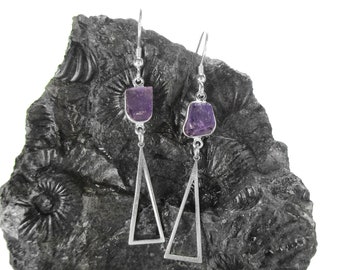 Raw Amethyst Earrings in Sterling Silver - Modern Geometric Dangle Earrings - Purple - February Birthstone