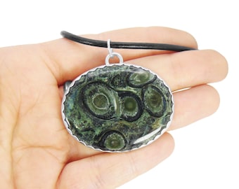 Kambaba Jasper Necklace in Sterling Silver - Extra Large Green Stromatolite Fossil - Stone Jewelry