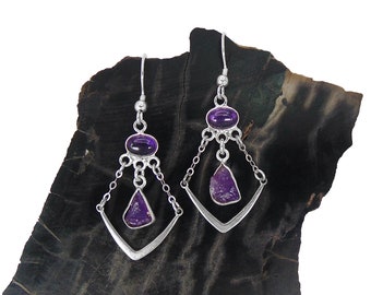 Raw Amethyst Earrings in Sterling Silver - Modern Geometric Dangle Earrings - Purple - February Birthstone