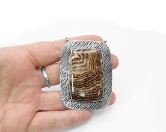 Petrified Wood Necklace in SOLID Sterling Silver - Fossil Jewelry - Huge Handmade Statement Necklace