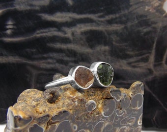 Raw Green and Orange Tourmaline  Ring in Sterling Silver - Rough Stone Jewelry - US Size 5 Adjustable
