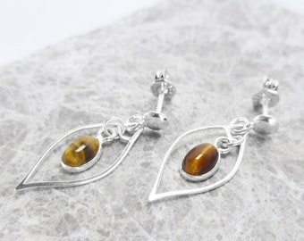 Tiny Tiger Eye Earrings Sterling Silver - Stud Earrings - Modern Geometric Gemstone Jewelry - Dangle Earrings