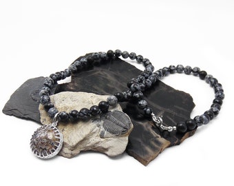 Dinosaur Bone Necklace in Sterling Silver - Fossil Jewelry - Black and White Dino Bone Pendant on Snowflake Obsidian Beaded Necklace