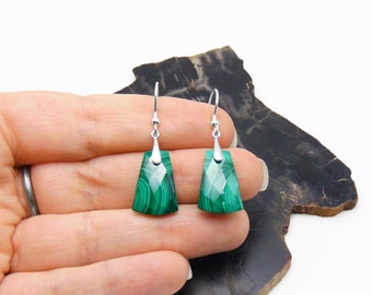 Malachite Earrings in Sterling Silver - Modern Dangle Earrings - May Birthstone - Faceted Polished Rich Green Malachite