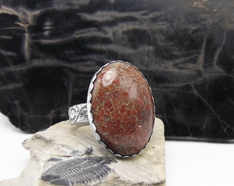 Red Dinosaur Bone Ring in Sterling Silver - US Size 8 - Fossil Jewelry