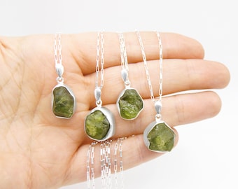 Raw Peridot Necklace In Sterling Silver - Rough Green Peridot Pendant With Chain - Bridesmaids Necklace - Wedding