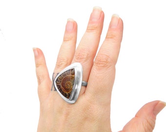 Ammonite Ring in Sterling Silver - Large Stone Ring - Adjustable Ring - US Size 9.5 9 1/2 - Fossil Jewelry