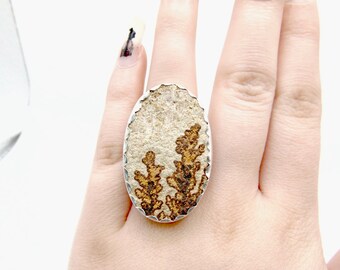 German Dendrite Ring in Sterling Silver - Fossil Dendrite - US Size 7 - Large Stone Ring - Raw Stone - Rough