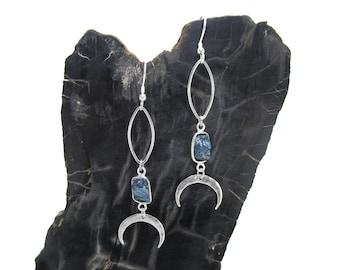 Crescent Moon Earrings in Sterling Silver - Raw Apatite Earrings - Modern Geometric Rough Gemstone Dangle Earrings - Modernist