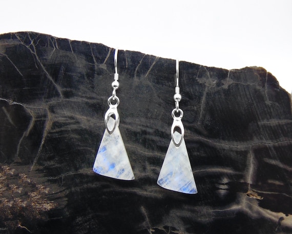 Rainbow Moonstone Earrings in Sterling Silver - Dangle Earrings - Blue Flash Moonstone - Wedding Earrings - Bride