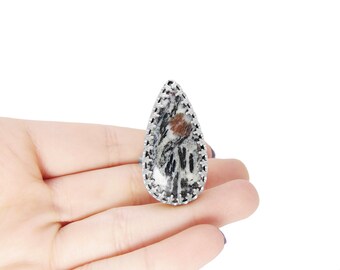 Hornblende With Garnet Ring in Sterling Silver - US Size 8 - Amphibolite Black and White Gemstone - Large Stone Ring - Handmade Jewelry