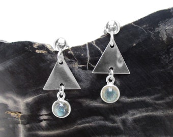 Labradorite Stud Earrings in Sterling Silver - Modern Geometric Gemstone Earrings