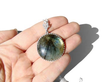 Labradorite Necklace in Sterling Silver - Dark Opal - Labradorite Pendant with Chain